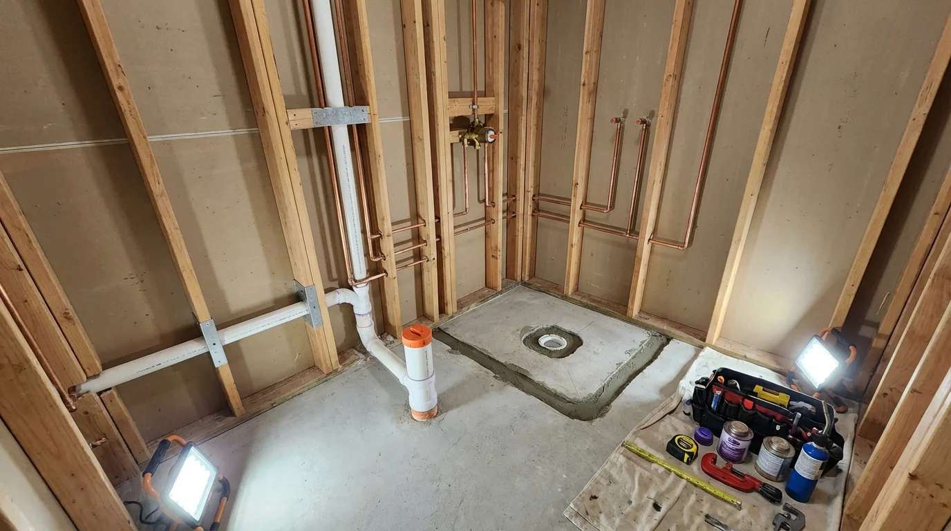 Bathroom rough-in plumbing during remodel by Johns Plumbing LLC in North Branford