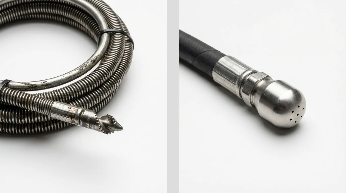 Drain snake cable and hydro jetting nozzle used for drain cleaning in North Branford, CT