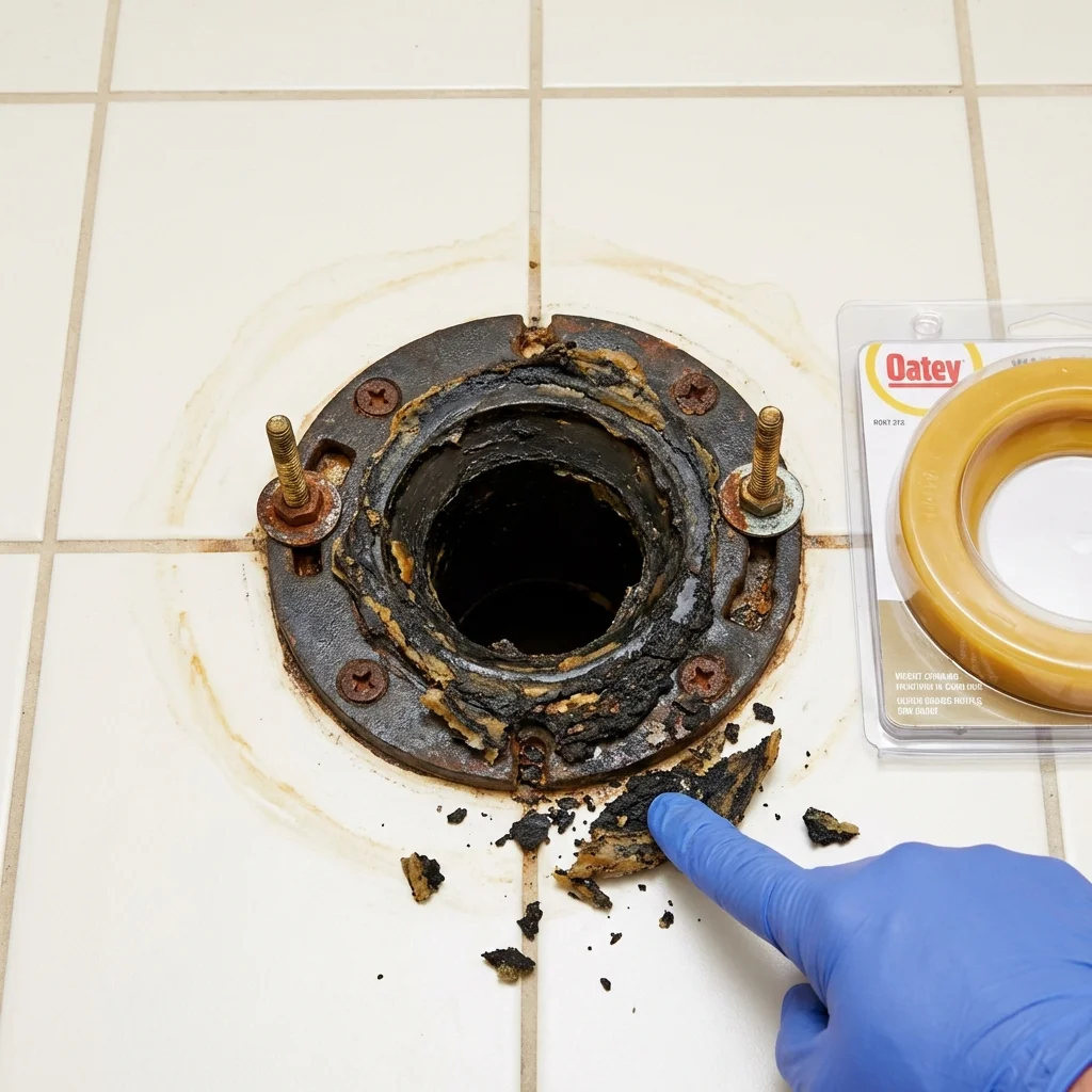 Failed wax ring showing water seepage at the base of a toilet in a North Branford, CT home