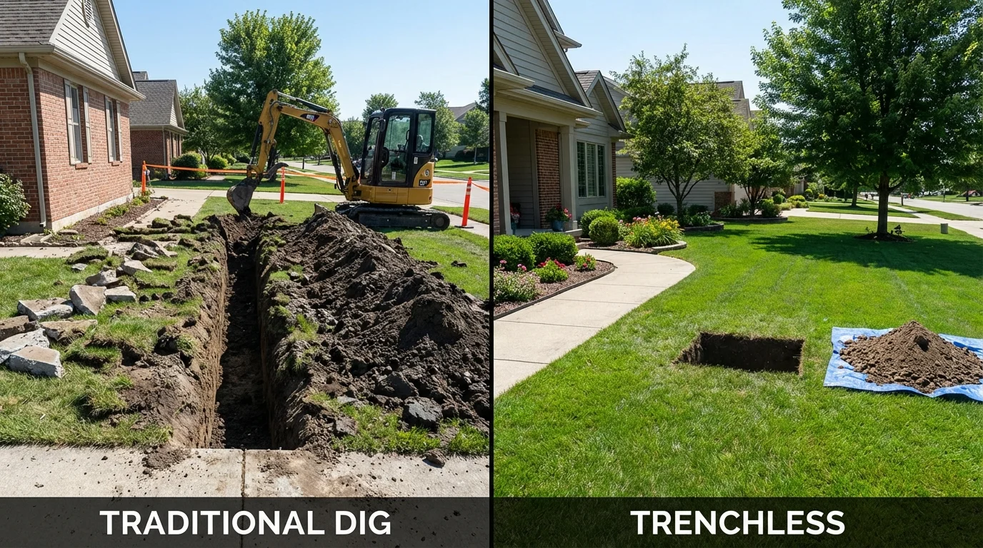 Trenchless sewer repair with minimal yard damage versus traditional excavation in North Branford, CT