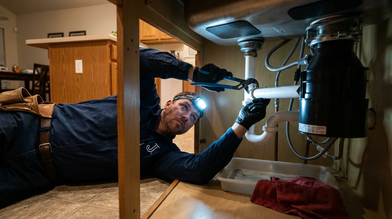 P-trap and supply line connections under a kitchen sink showing a common leak point in North Branford, CT